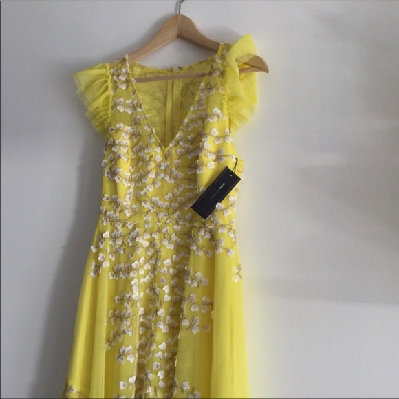 BCBG BCBGMAXAZRIA WOMEN'S EMBROIDERED TULLE RUFFLE DRESS IN AURORA Yellow Gown - Picture 5 of 8